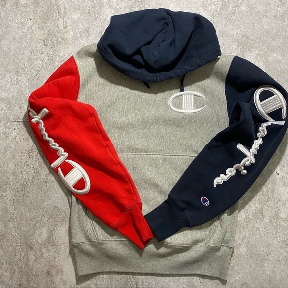 Champion Reverse Weave Colorblock Hoodie Mens‎ Small Grey Red Navy Script Logo - Picture 5 of 10